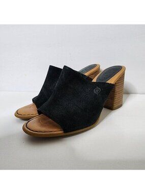 BORN Suede Sandals Black Tan Genuine Leather Chunky Platform Heel Shoes Size 6M